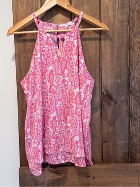 Violet & Claire Pink Paisley High Neck Floral Cutout Tank Blouse Large